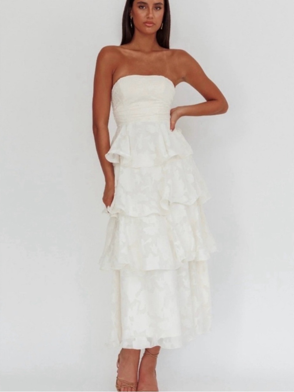 Hello Molly Ivory Strapless Tiered Ruffle Midi Dress